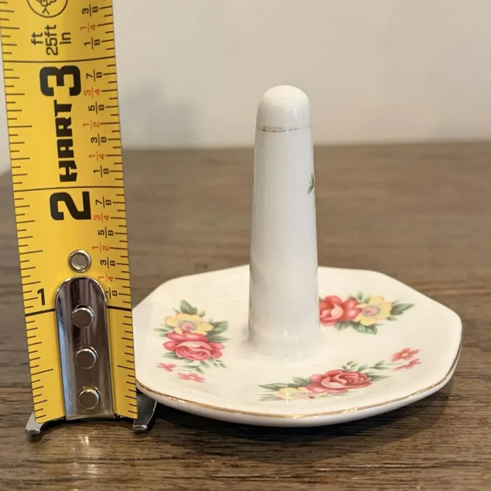 Vintage Porcelain Pink & Yellow Floral Ring Jewelry Holder Gold Trim 3” Tall